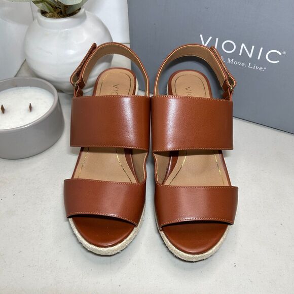 Vionic Tulum Brooke Leather Wedge Espadrille Sandals Cognac Women's US 8 NWB - Picture 3 of 11